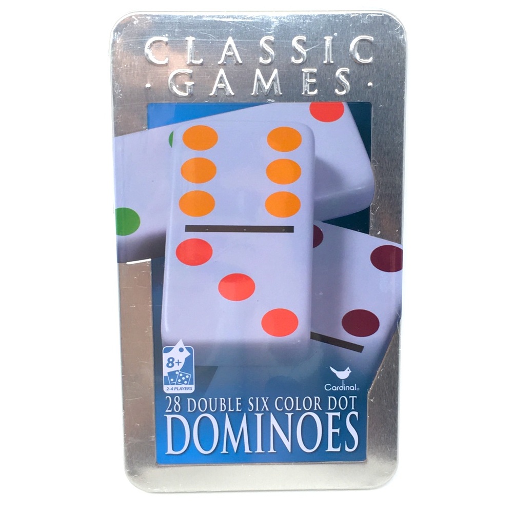 Cardinal Classic Games Tin Box 28 Double Six Color Dot Dominoes NIB New NIP NWT